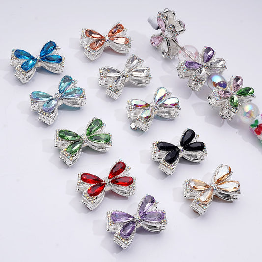 Dazzling Silver Bowknot Beads 24*38MM, Alloy Embellishments with Sparkling Rhinestones