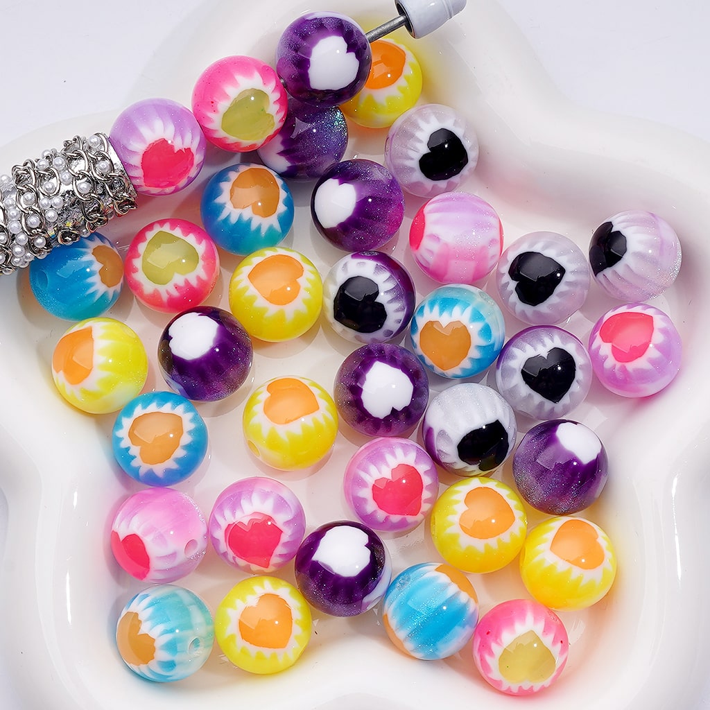 Glitter Heart Beads with White Trim Multi-Color Round Acrylic Assortment, 16MM