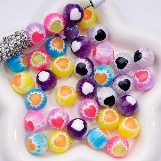Glitter Heart Beads with White Trim Multi-Color Round Acrylic Assortment, 16MM