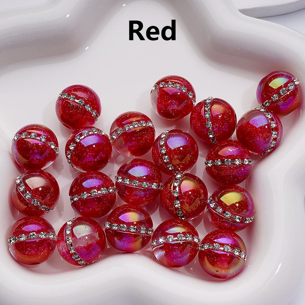 Red beads with silver accents on a white dish, labeled 'Red'.

