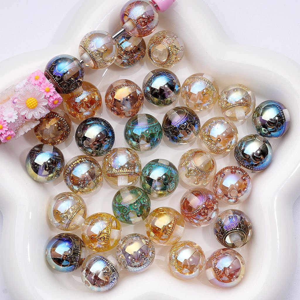 Radiant Multi-Color UV Coated Metal Crown with Clear Acrylic Round Beads, 16MM