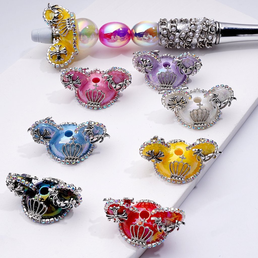 Silver Crown Mickey Ear Charms with AB Rhinestone Chains Acrylic Beads 33*16MM, Random Mix
