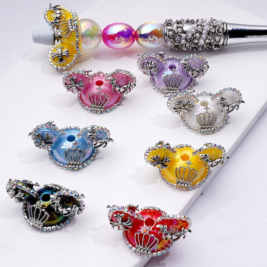 Silver Crown Mickey Ear Charms with AB Rhinestone Chains Acrylic Beads 33*16MM, Random Mix