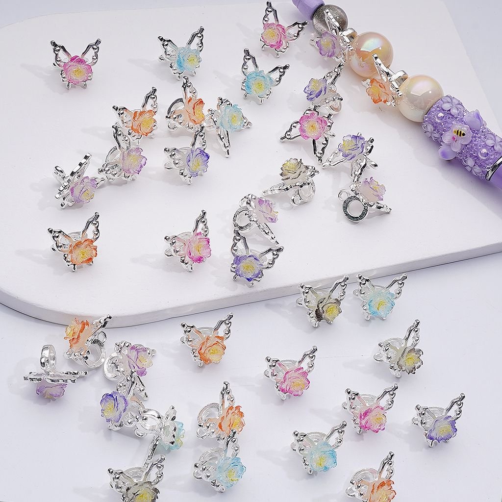 Butterfly with Multi-Color Soft Flowers Cute Silver Alloy Bail Beads Jewelry Accessories 16MM Random Mix