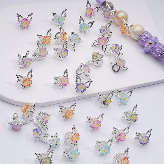 Butterfly with Multi-Color Soft Flowers Cute Silver Alloy Bail Beads Jewelry Accessories 16MM Random Mix