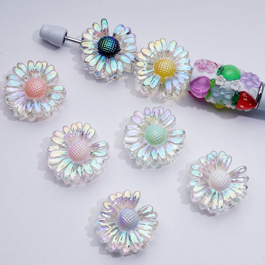 Clear UV Coating Colorful Bellis Perennis Daisy Flower Acrylic Beads, Around 24*10MM