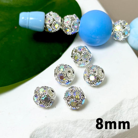 Silver Alloy Bling Bling Flower Spacer with Shiny AB Rhinestones, 8MM