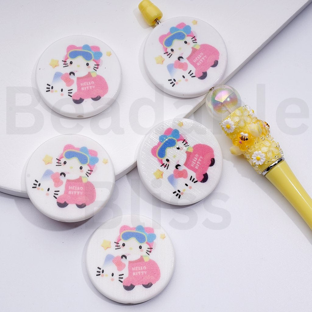 Cute Cat Character with Blue Wings Ice Cream Drives a Car Unicorn Adorable Character  Round Flat Acrylic Beads, Around 38MM