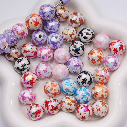Multi-Color Cute Birds Flowers UV Coating Round Acrylic Beads 16MM Random Mix