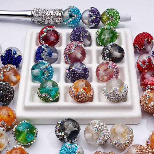Clay Flower Beads Round Acrylic Beads with Gold Foil, Dried Flowers & Sparkly Rhinestones, 20MM, Random Mix
