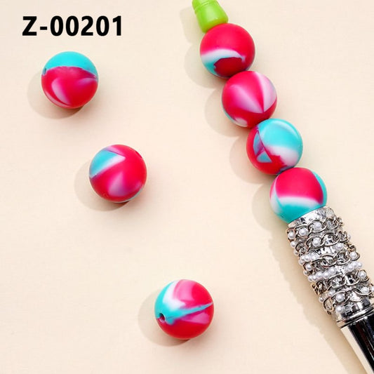 Printed Blue Red White Mixed Silicone Beads 15MM, Number Z-00201
