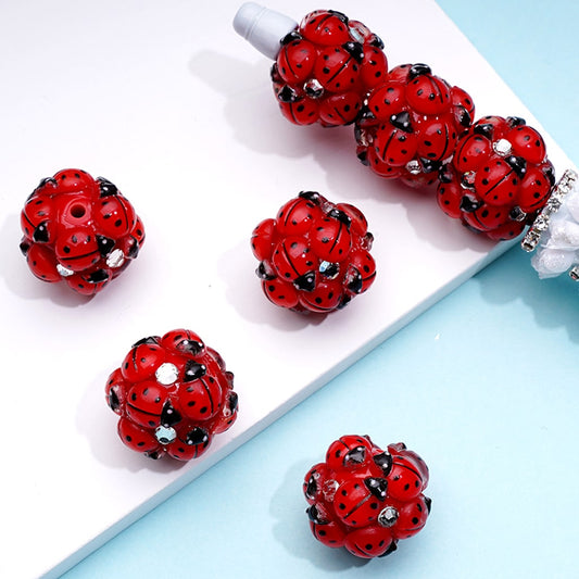 Round Cute Red Ladybugs AB Rhinestones Acrylic Beads, Around 18MM