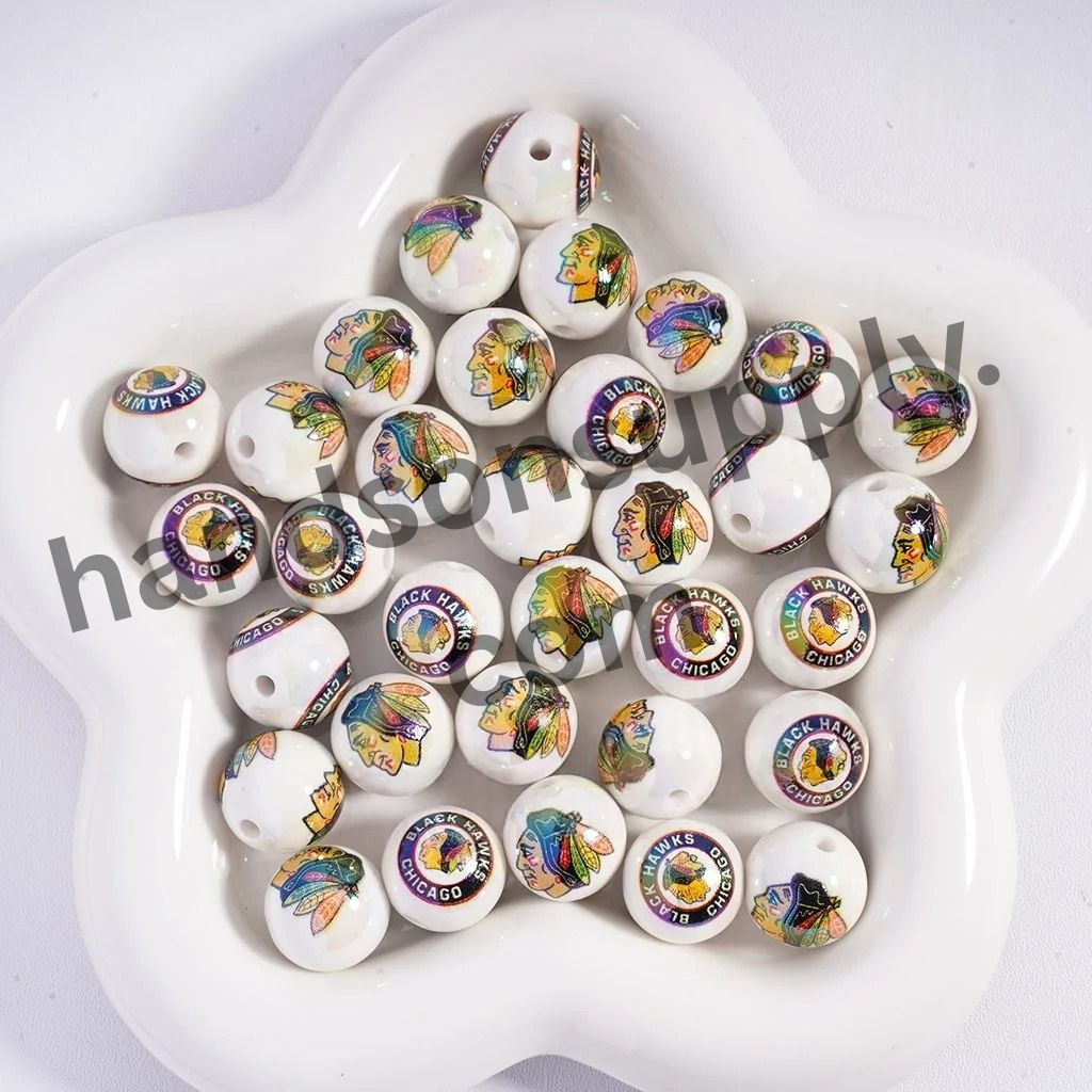 Round with UV Coating Ice Hockey Team Pattern Acrylic Beads for Bracelets, 16MM
