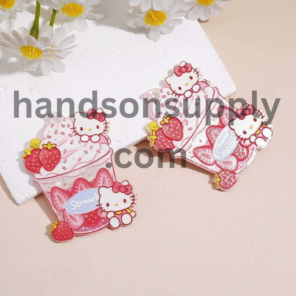 Cute Cat Character with Strawberry Dessert Cup Design Acrylic Charms Pendants, 46*34MM