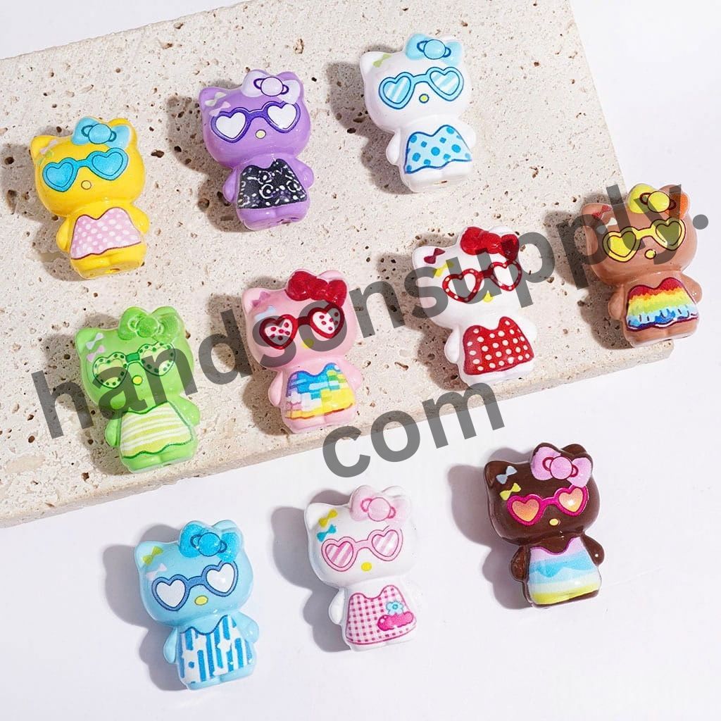 Cheerful Cat Character Series in Summer Fun Vacation Style Acrylic Beads, Height 32MM, Multi-Color Random Mix
