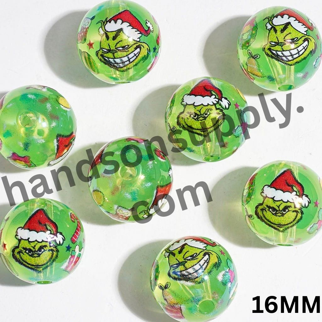 Transparent Green Christmas Character Face & Candy Cane, Wreath, Stocking, Ball and Gift Box Printed Round Acrylic Beads for Bracelets, 16MM, Random Mix