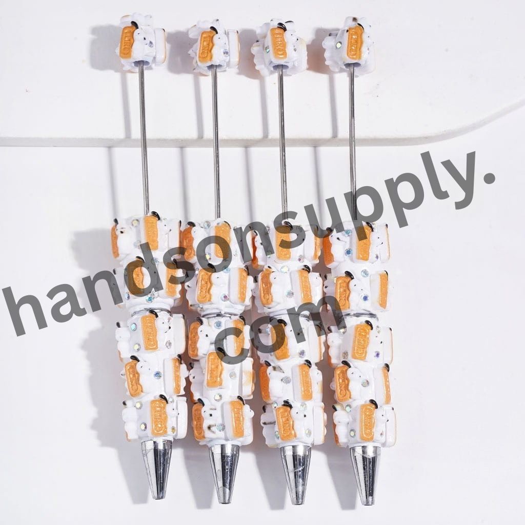 Adorable White Dog Character Holding Rectangular Orange Cookie with Sparkling AB Rhinestone Beadable Clay Pens