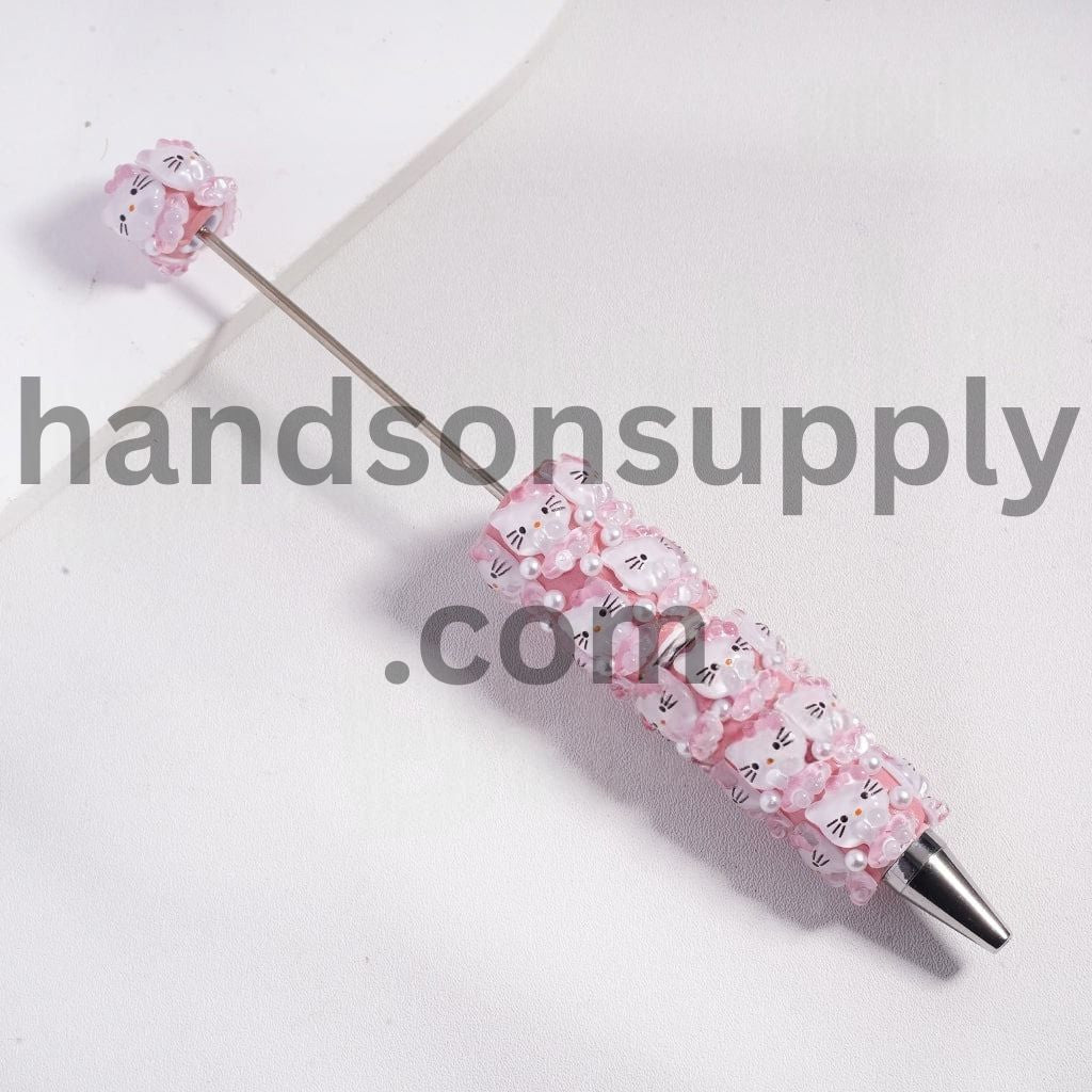 Cute Cat Character Wearing Skirt with Bowtie on Head and White Pearls Beadable Clay Pen Random Mix