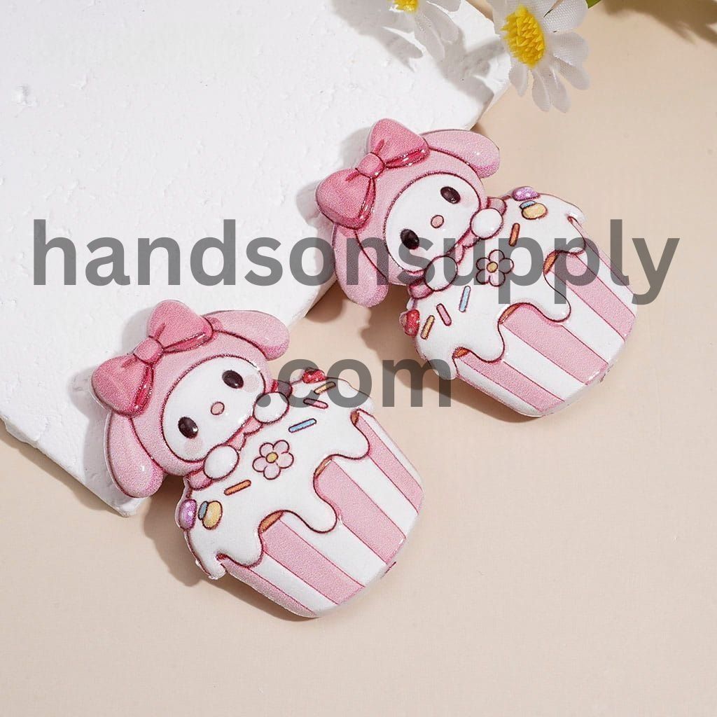 Adorable Bunny Character Wearing Pink Hoodie & Bow on a Frosted Cupcake, Raised Pattern Acrylic Beads, 48*32MM