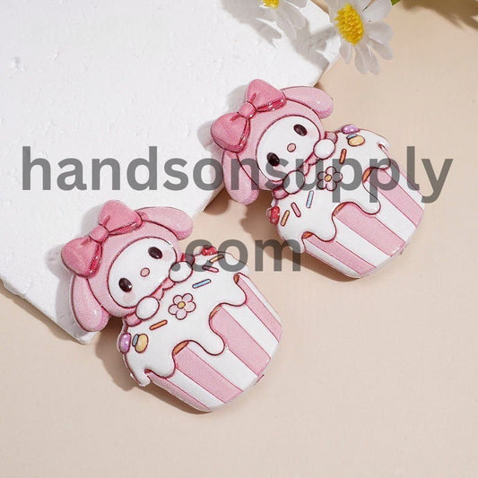 Adorable Bunny Character Wearing Pink Hoodie & Bow on a Frosted Cupcake, Raised Pattern Acrylic Beads, 48*32MM