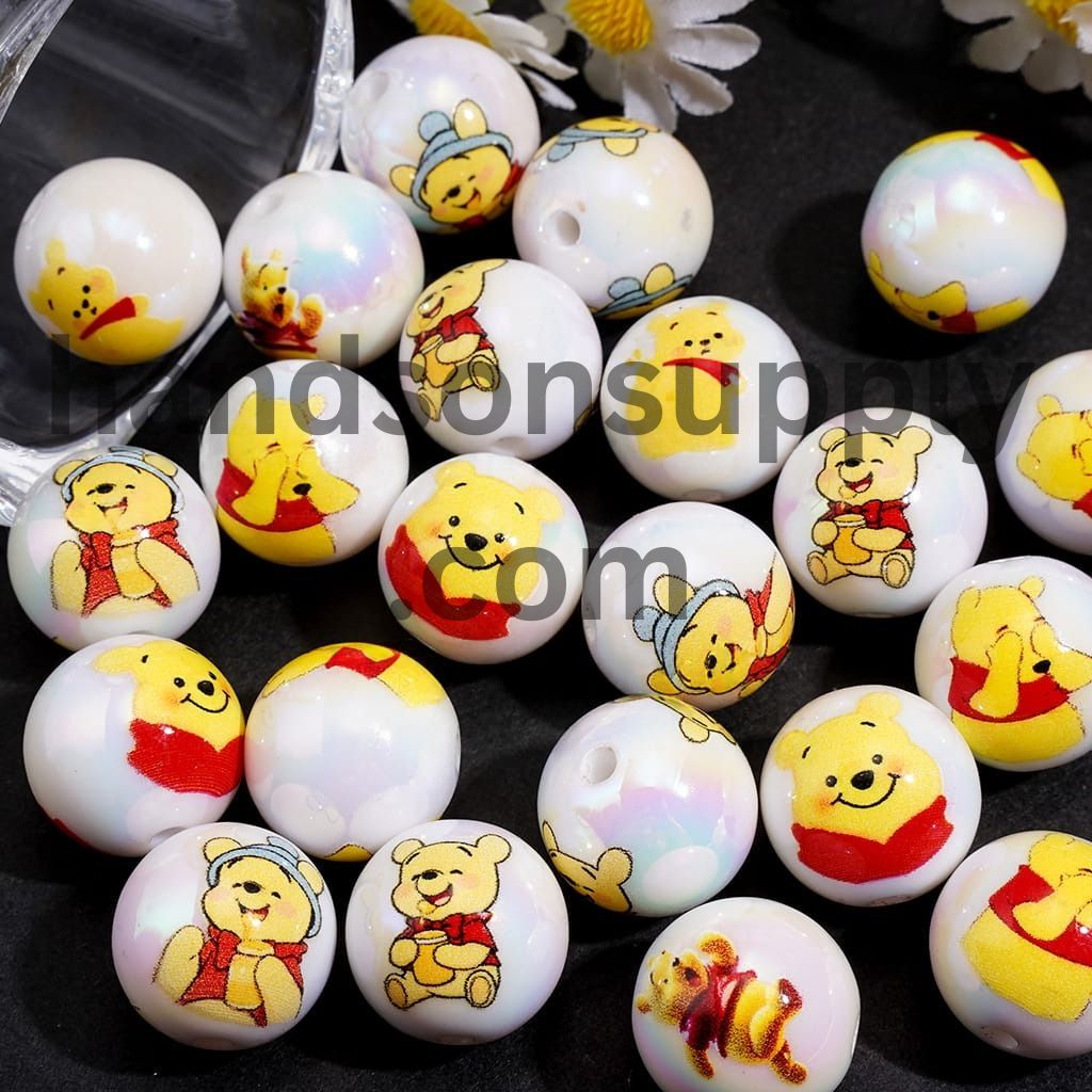 Adorable Honey Bear Cartoon Character Series UV Coated Glossy Acrylic Beads for Bracelets, 16MM, Random Mix