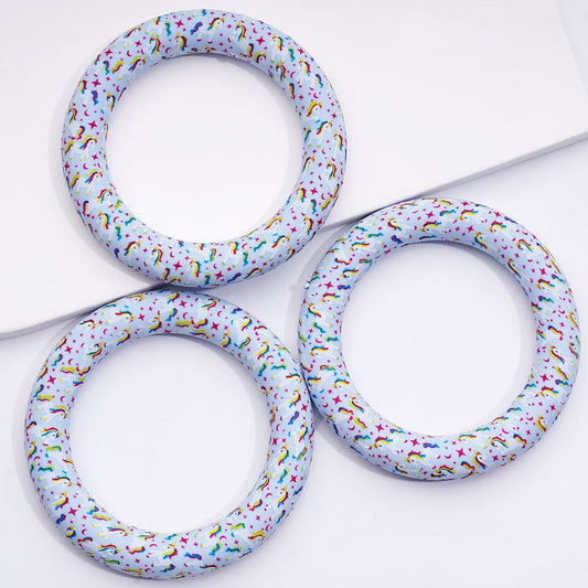 Soft Blue Circle Frame Unicorn Pattern Silicone Bead Ring Car Charm Loop 65mm