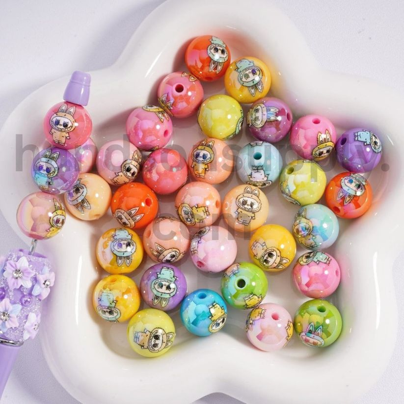 UV Coated Labubu Face Clear, White, Jelly & Solid Color Acrylic Beads 16mm Random Mix