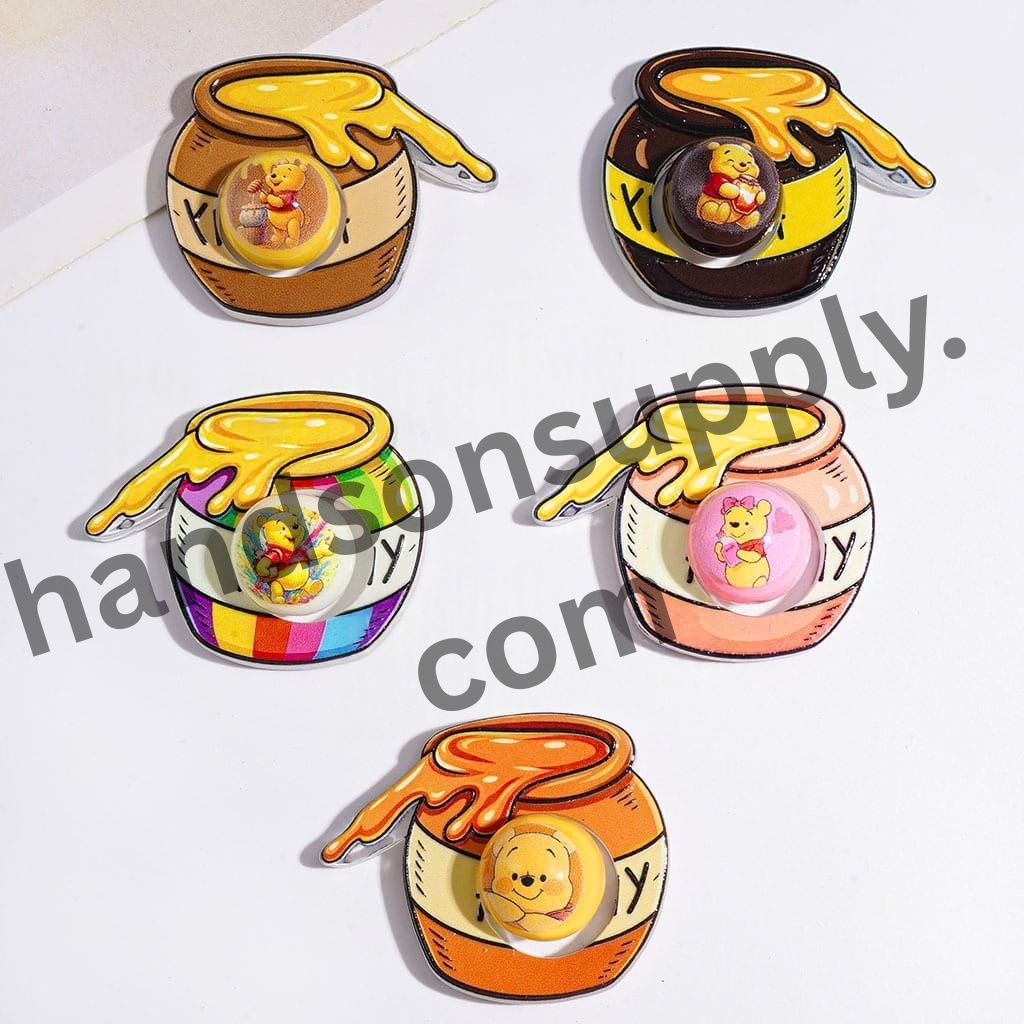 Retro Cartoon Style Hollowed Honey Pot with Honey Bear Character Printed Round Acrylic Beads, Random Mix