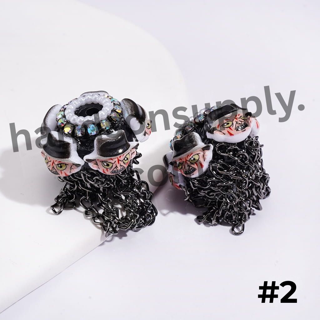 Horror Character with Black Tassel Chains White Pearls & AB Rhinestones Handmade Acrylic Beads
