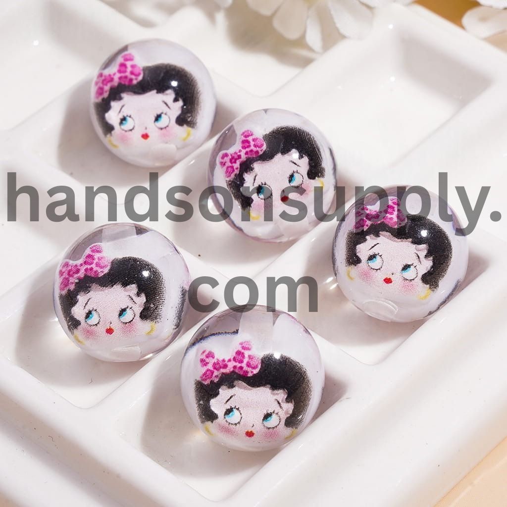 Embedded Old Girl Character Wearing Bowtie Design Inside Round Acrylic Beads 16mm