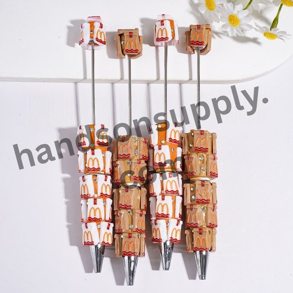 Fun Fast Food Bag with Sparkling AB Rhinestone, White, Orange & Light Brown Beadable Clay Pens