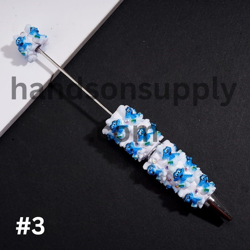 Adorable Blue Elf Cartoon Character Character Series with Sparkling AB Rhinestones on White Base Beadable Clay Pens