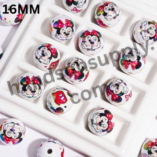 UV Coated Cute Mouse Character & Bowtie Printed Round Acrylic Beads, 16MM, Random Mix
