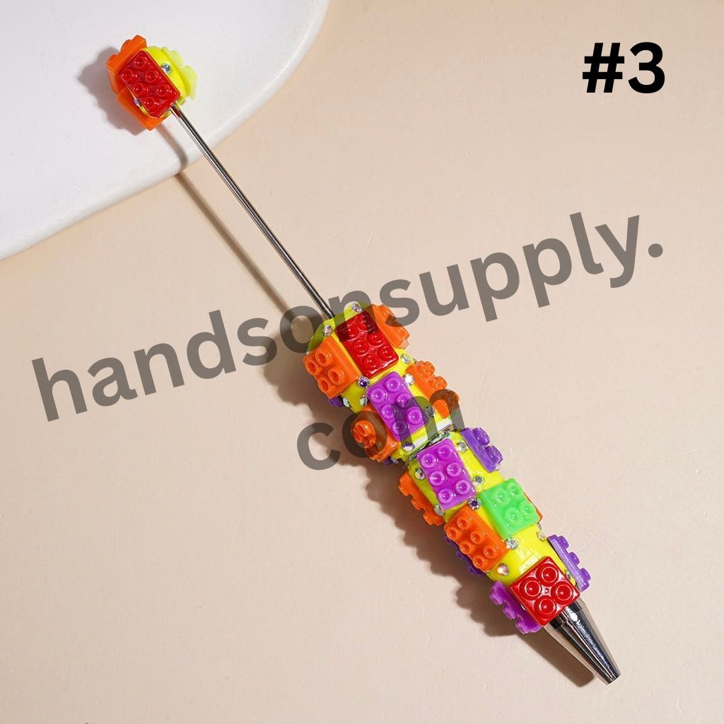 Colorful Building Block Bricks Piece Theme Beadable Clay Pens with AB Rhinestones, None Color