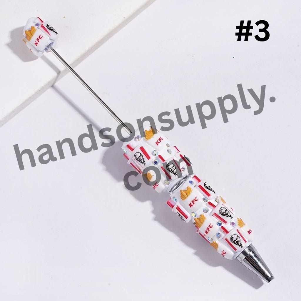 Chicken Bucket, French Fries & Soda Cup Fast Food Series Beadable Clay Pens with AB Rhinestones, White Color, Random Mix