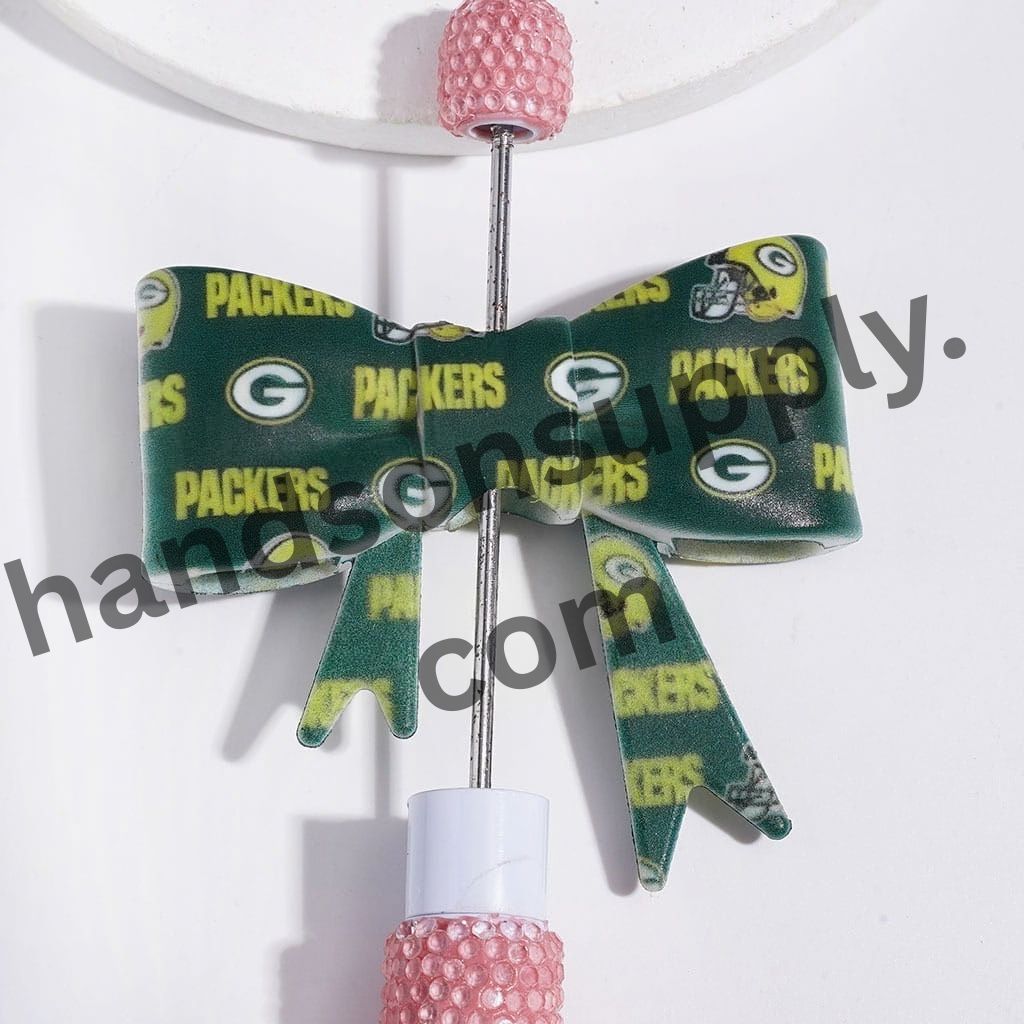 UV-Printed Green Bay Football Team Pattern Design Soft Bowtie Shape Silicone Focal Beads, 53*59MM