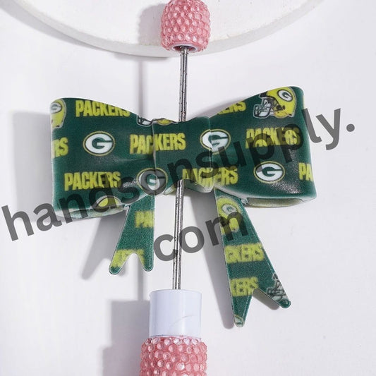 UV-Printed Green Bay Football Team Pattern Design Soft Bowtie Shape Silicone Focal Beads, 53*59MM