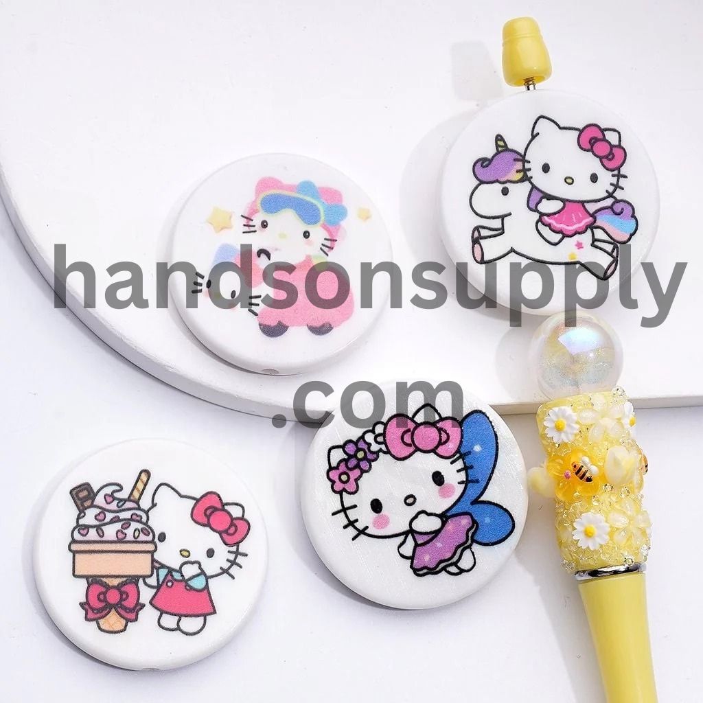 Round Flat Cute Cat Character with Blue Wings Ice Cream Drives a Car Unicorn Adorable Character Acrylic Beads, Around 38MM