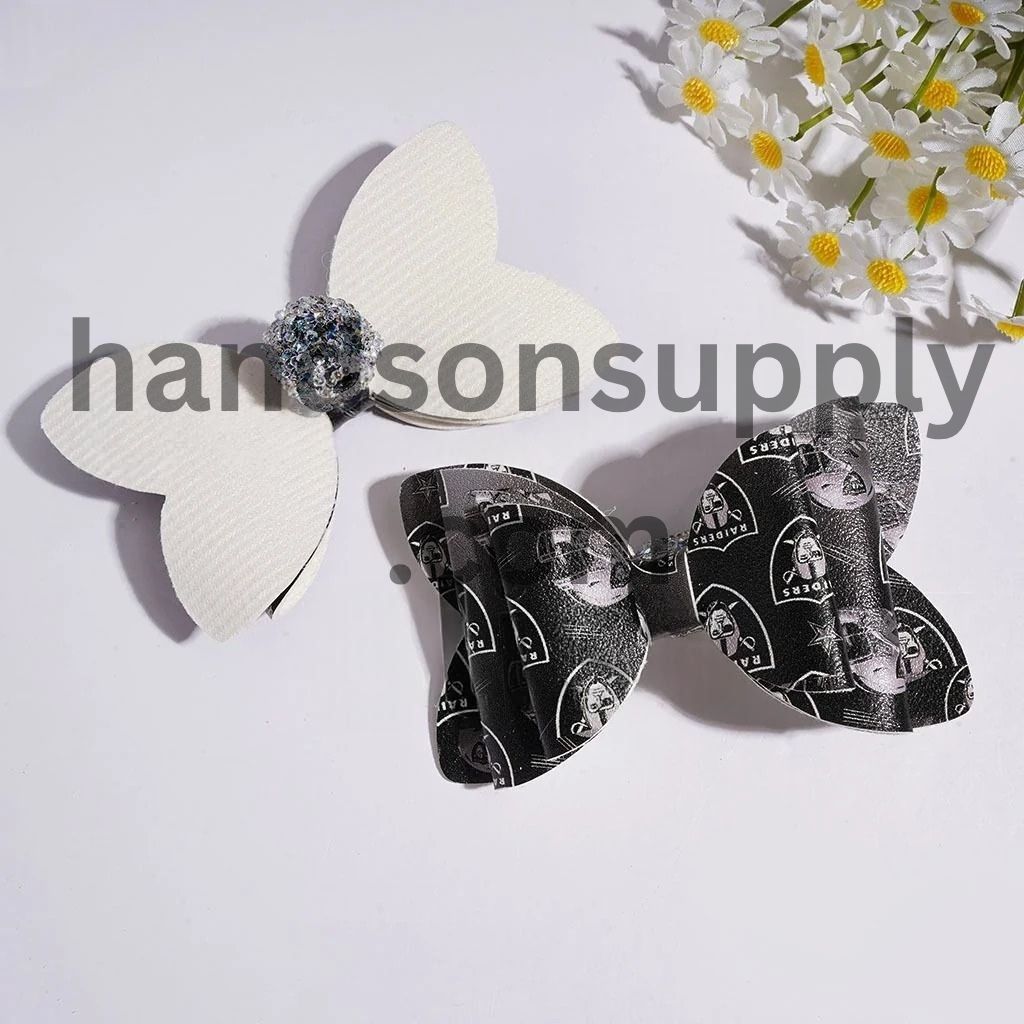 Sporty USA Football Team Pattern Printed Fabric Bowtie with Sparkling AB Rhinestone & Clear Ball Chains Acrylic Sugar Beads