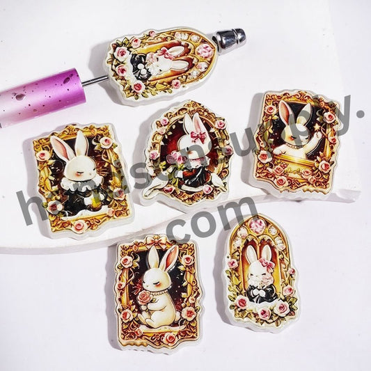 Romantic Rose Flower & Rabbit Picture Frame with Gold Border Acrylic Beads, Random Mix