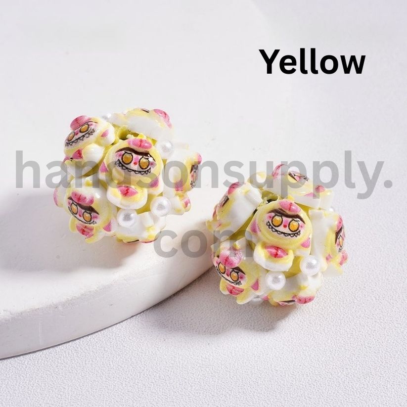 Labubu Monster Faces Pop Mar with White Pearl Accents, Clay Beads Multi-Color 20mm