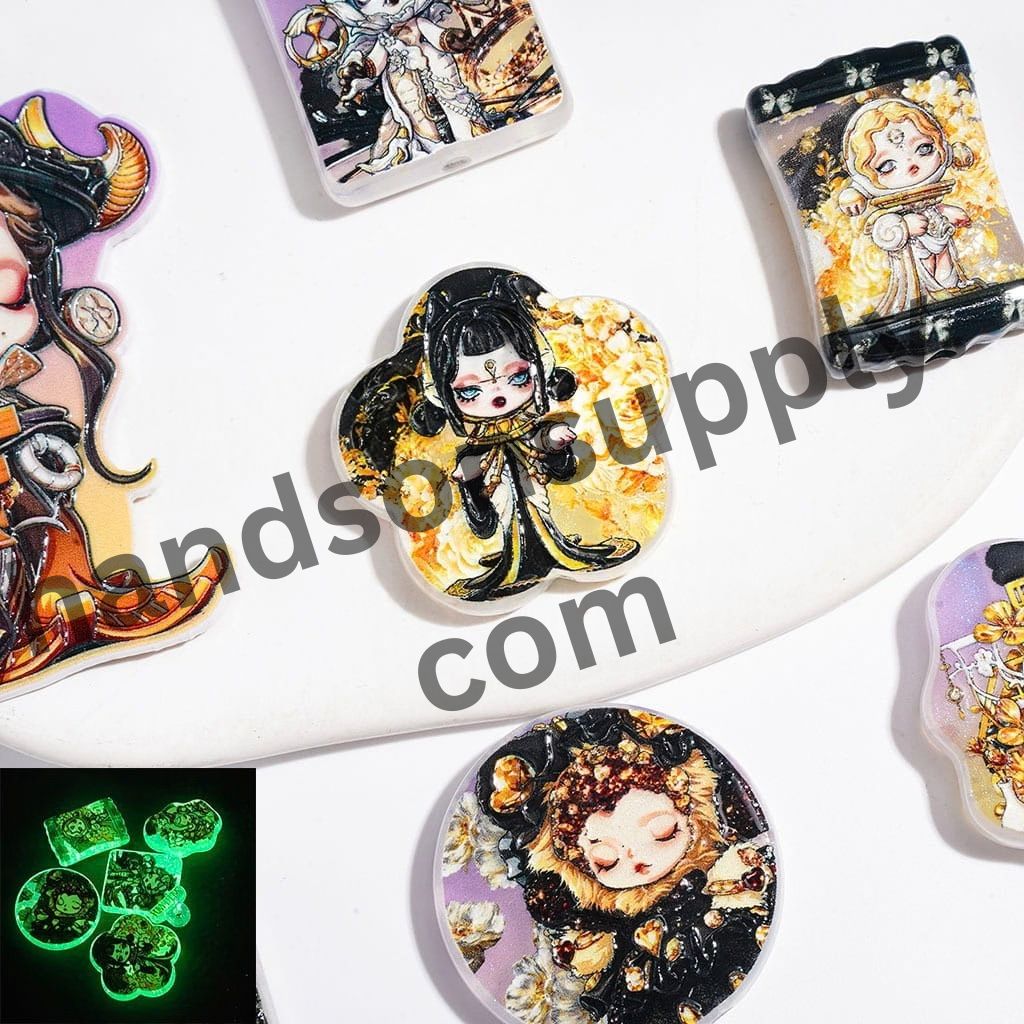 Luminous Dark Fantasy Gothic Girl Doll Character Series Acrylic Beads and Pendants, Yellow Style, Random Mix
