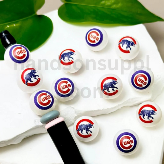 Chicago Cubs Baseball Theme 16MM Frosted White Round Acrylic Beads Random Mix