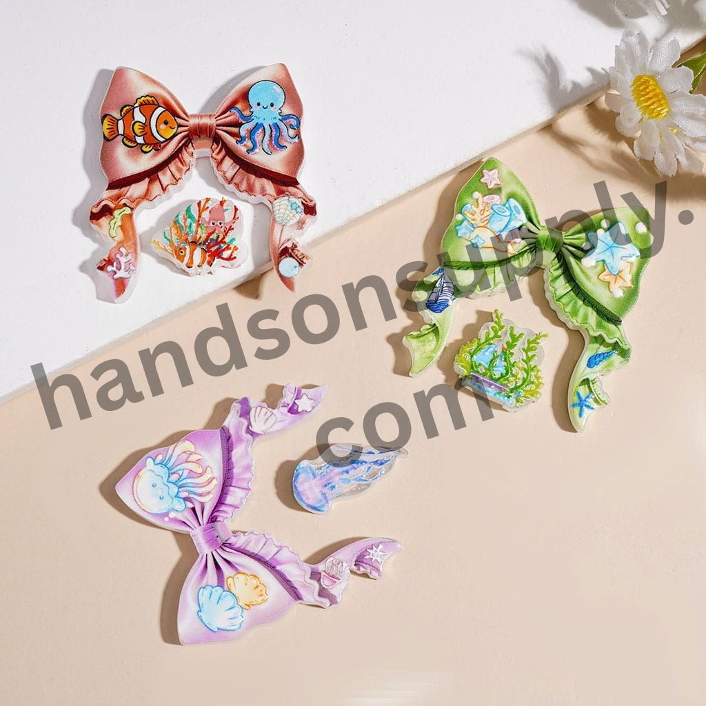 Adorable Sea Life Bow Ribbon with Fish, Dolphin, Seashell & Coral Designs, Acrylic Beads, Random Mix (Please Read Description)