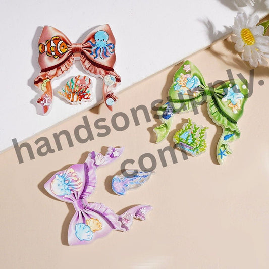 Adorable Sea Life Bow Ribbon with Fish, Dolphin, Seashell & Coral Designs, Acrylic Beads, Random Mix (Please Read Description)