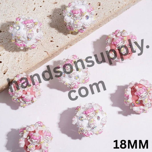 Pink-Haired Girl Blowing Bubbles with Sparkling AB Rhinestone Pink & White Base Clay Beads, 18MM, Random Mix