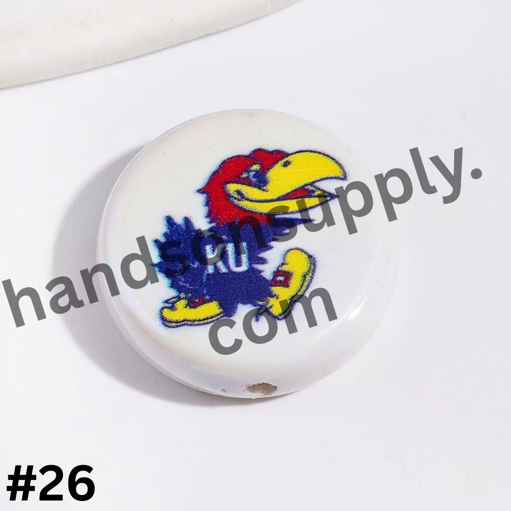 UV-Coated American College Sports Football Team Logo Series Flat Round Acrylic Beads, 23MM