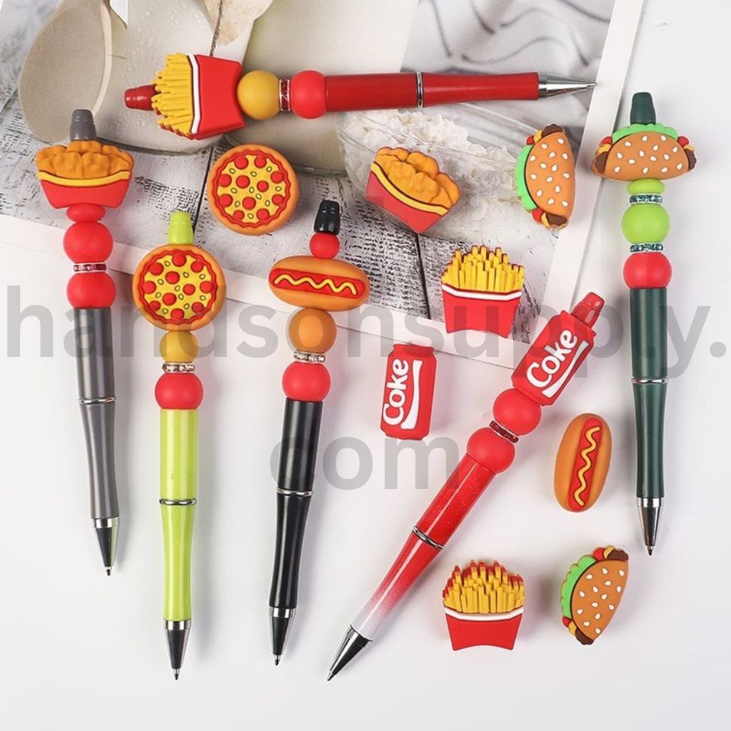 3D Fast Food Themes Hot Dog, Pizza, Coke, Cola Fun Food Charm Set Silicone Focal Beads