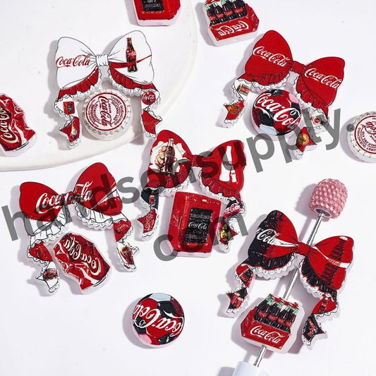 Colorful Soda Drink Bowtie & Assorted Styles Mini Decoration Piece Collection Set Acrylic Beads, Random Mix