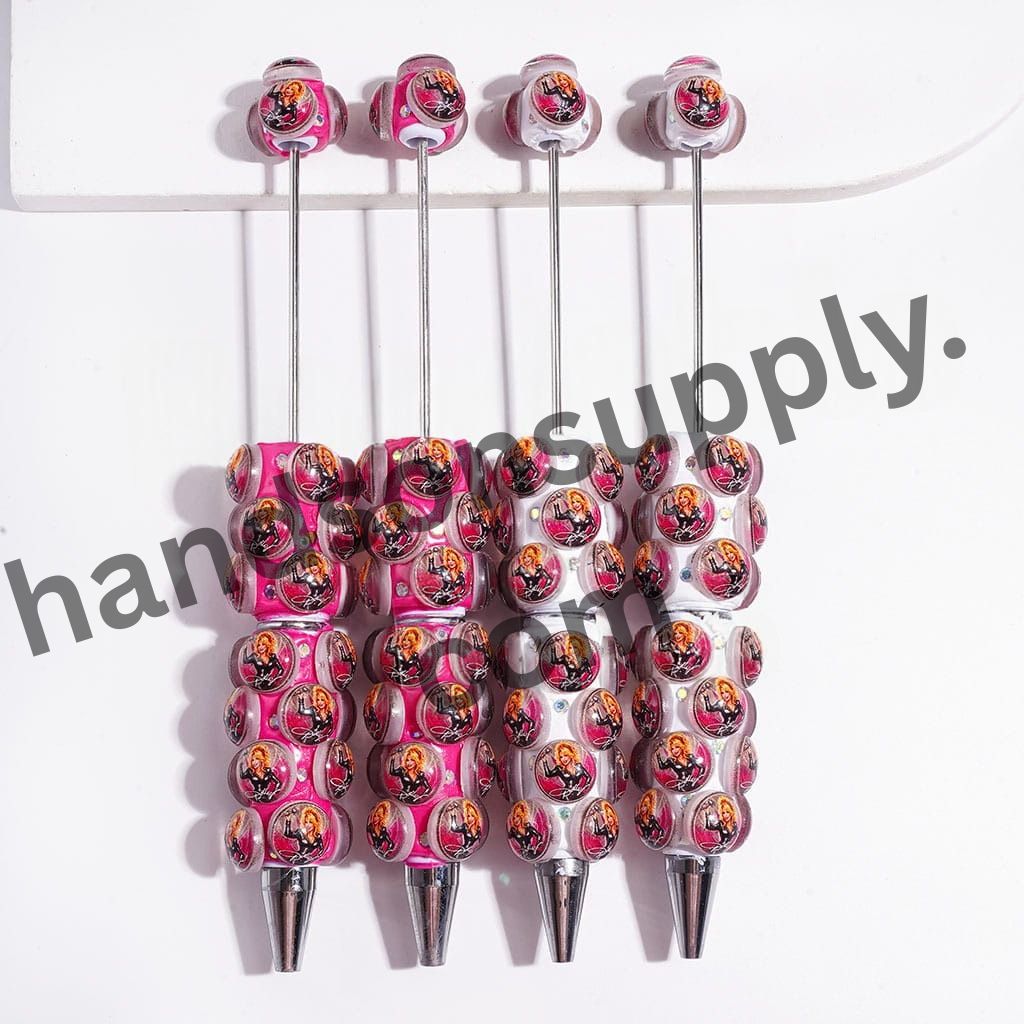 Retro American Country Singer Character Printed Rounded Design with Sparkling AB Rhinestones on a Rose Pink and White Background Beadable Clay Pens